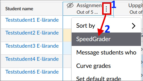 Open menu for an assignment. Numbers mark the menu button and Speedgrader in the list.