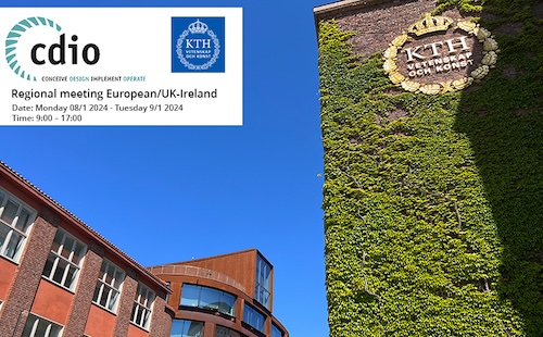 Text på bild med byggnad med KTH:s logo: CDIO Regional meeting European/UK-Ireland 8-9 (+10) Jan-24 
