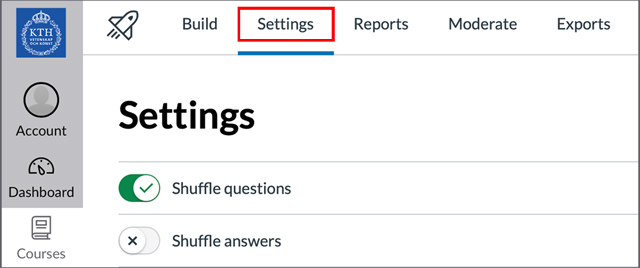 The Settings tab, between the Build tab and the Reports tab.