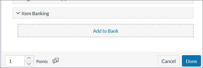 The bottom of a question, with "Item banking" open so "Add bank" is visible.