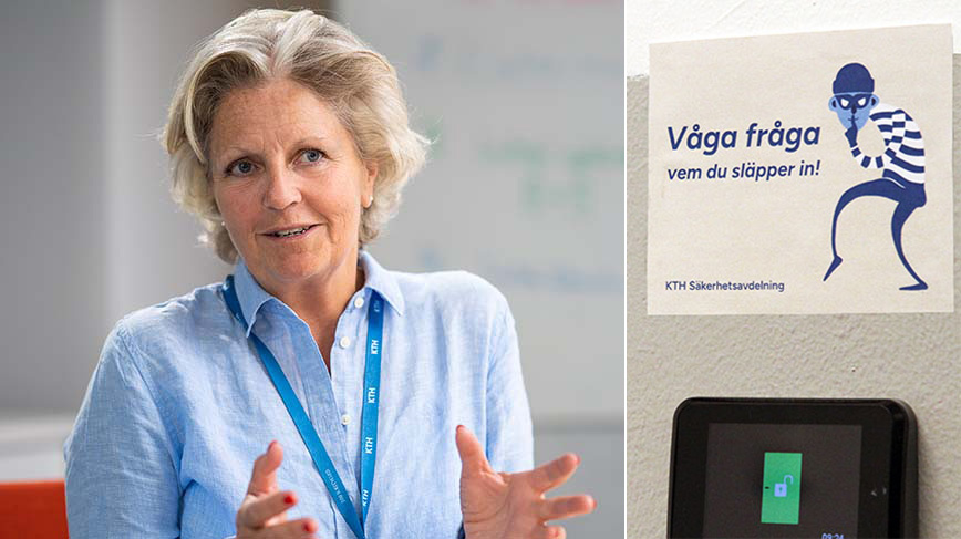 Christina Boman and a picture of a stcker with the text "våga fråga vem du släpper in" in Swedish
