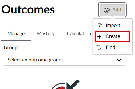 The outcome view for small screens. A drop-down menu under "Add" shows the "+ Create" button.