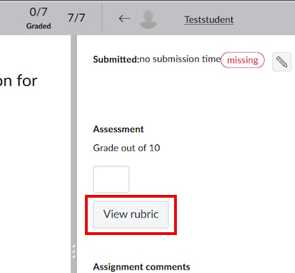 SpeedGraders sidebar with grades. The button "View rubric" is highlighted.