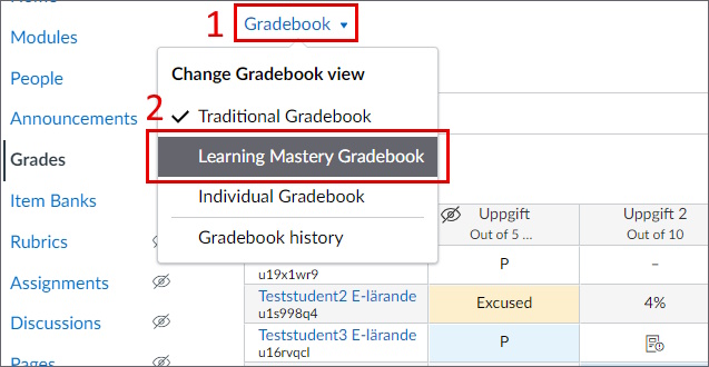 Drop-down menu for changing the Gradebook view, with numbers indicating the choices.