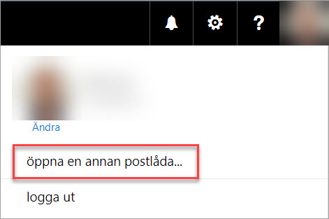 "Öppna en annan e-postlåda" valet är markerat.