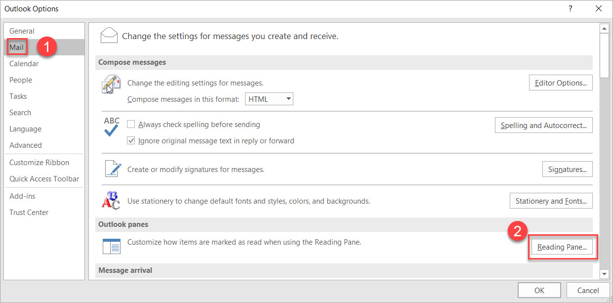 Outlook options window.