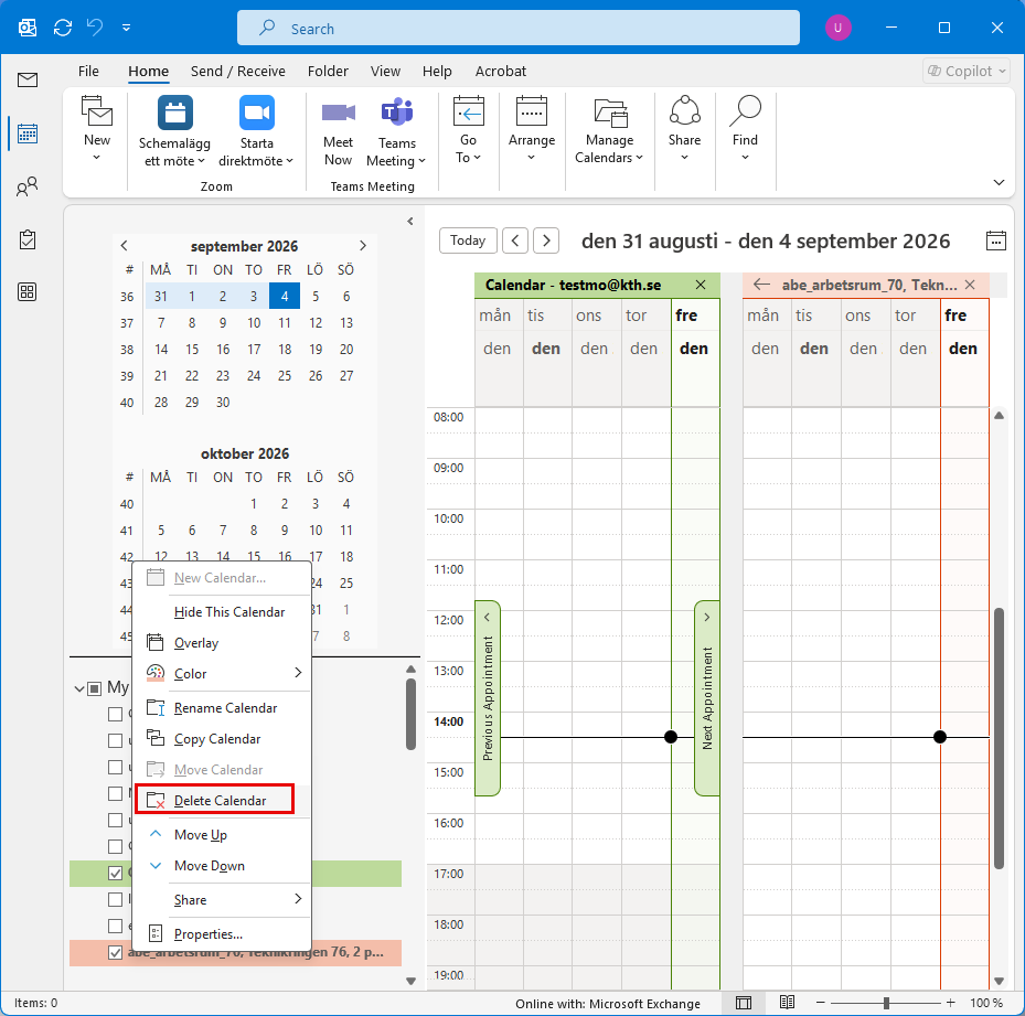 "Delete calendar" option marked