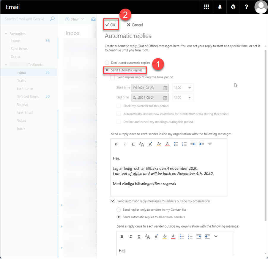 Steps showing the order of configuring automatic replies