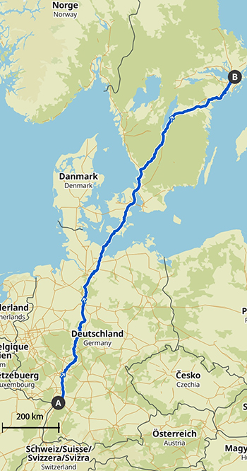 map showing Hanisch route from Germany to Sweden