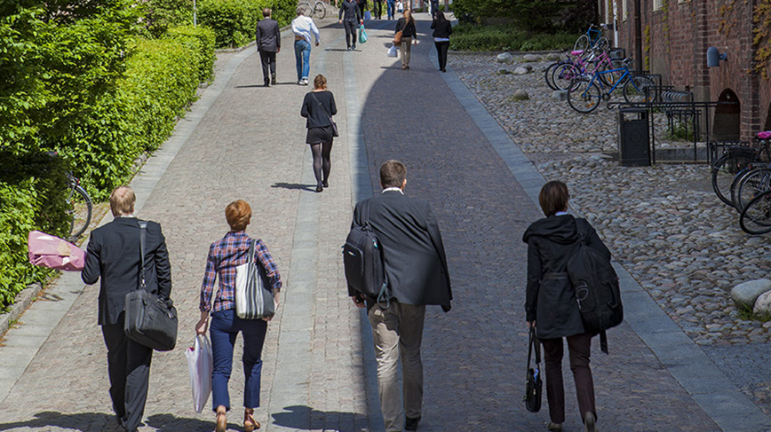 Men and women walking on a road.