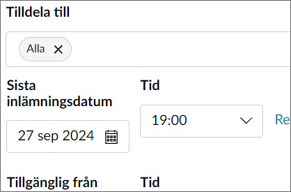 Inzoomad "Tilldela till" ruta, inställd på "Alla" och med bestämt sista inlämningsdatum och tid.