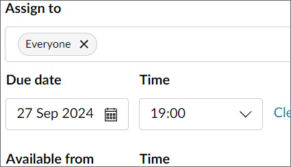 Zoomed in "Assign to" box, assigned to "All" and with a chosen due date and time.