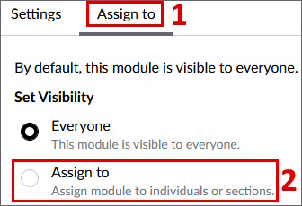 The edit menu for a module, with the tab "Assign to" and the option "Assign to" highlighted.