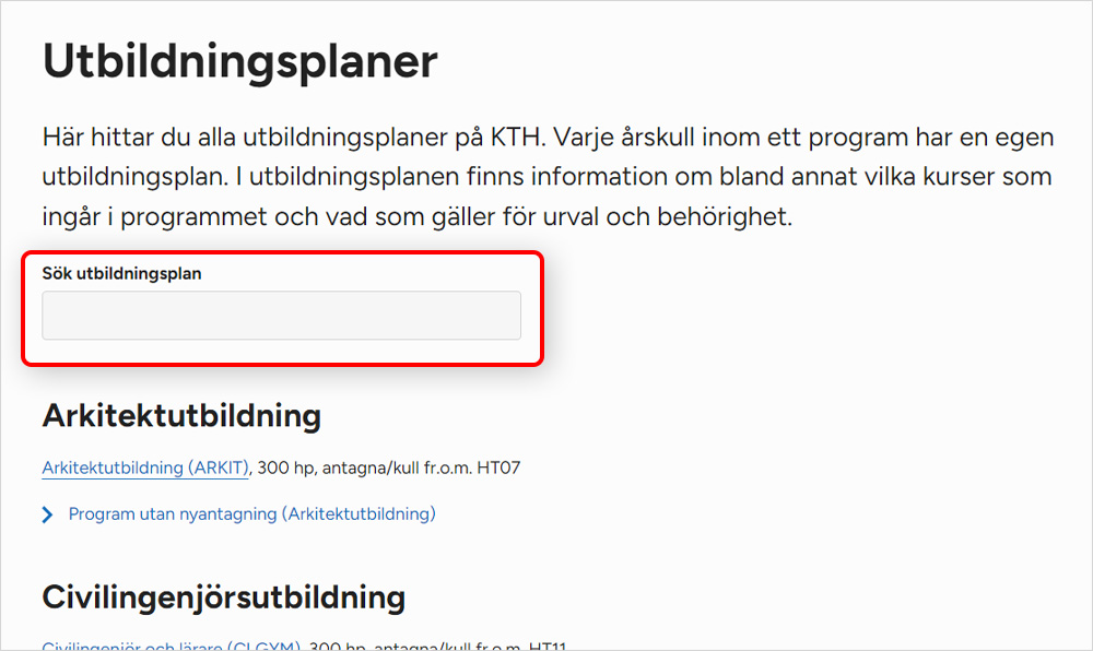 Skörmdump som visar ny sökfunktion för utbildningsplaner