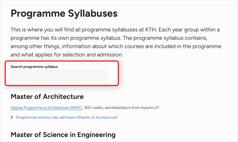 Screenshot showing the new search function for programme syllabuses