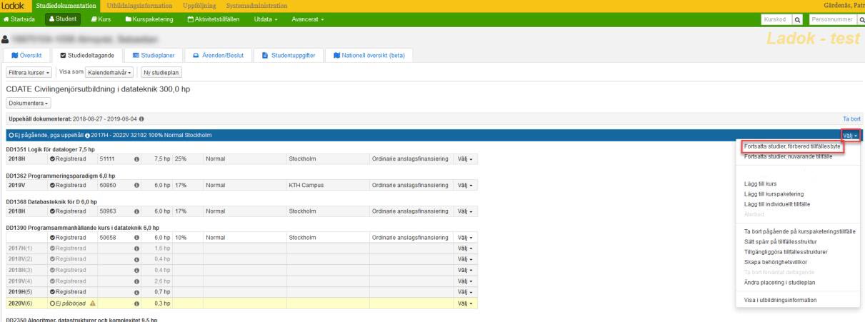 klicka på välj under programmet och välj fortsatta studier, förbered tillfällesbyte