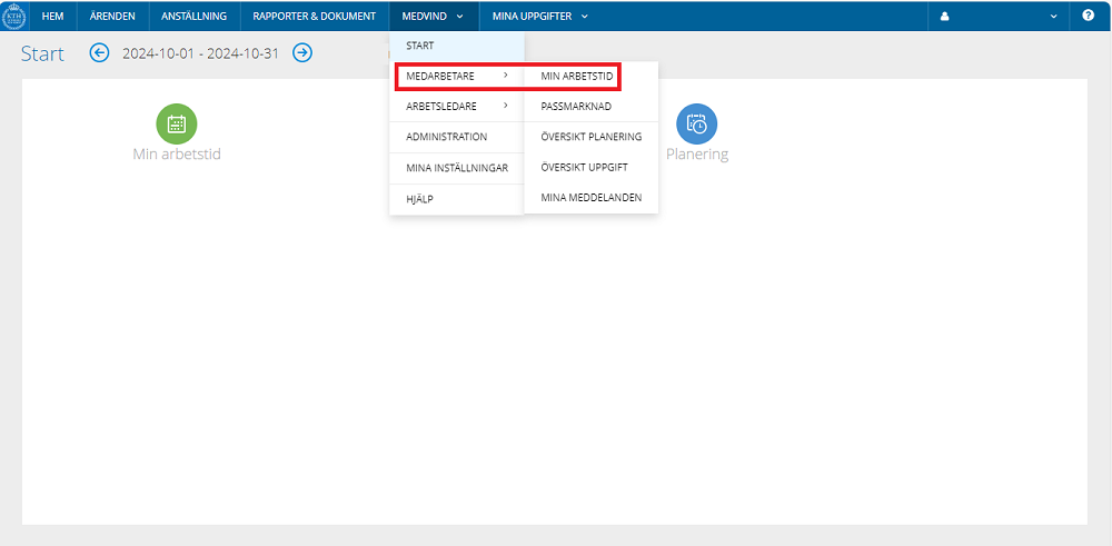 Steg 1, Sjukfrånvaro, visar fliken "Medarbetare" och "Min arbetstid".