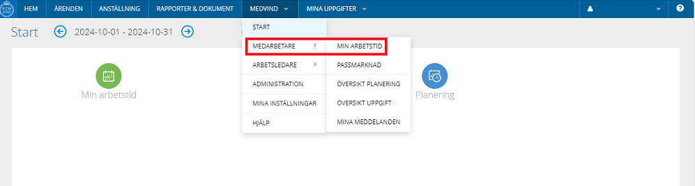 Steg 1, Sjukfrånvaro, visar fliken "Medarbetare" och "Min arbetstid".