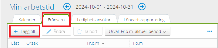 Steg 2 och 3, Sjukfrånvaro, visar fliken "Frånvaro" och "Lägg till".