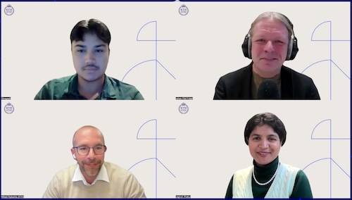 Screenshot: 4 persons in 4 squares in a digital meeting. One woman and three men of various ages.