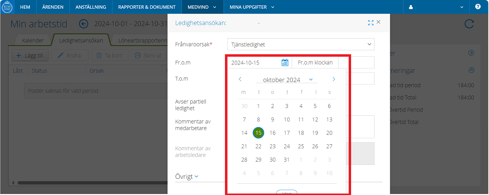 Steg 5, frånvaro, visar välja fr.o.m och t.o.m datum i kalendern.