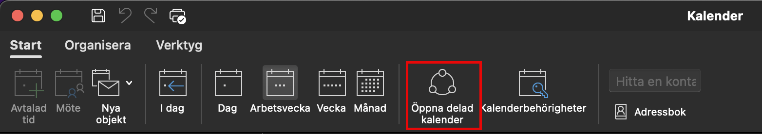 Öppna delad kalender knapp