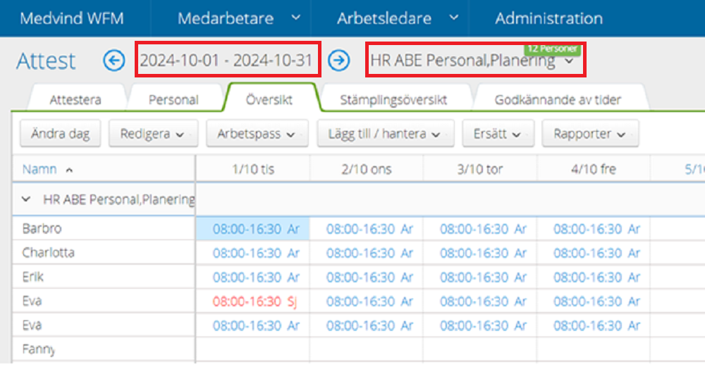 Bild steg 4a, Attest, visar vald period och arbetsgrupp.