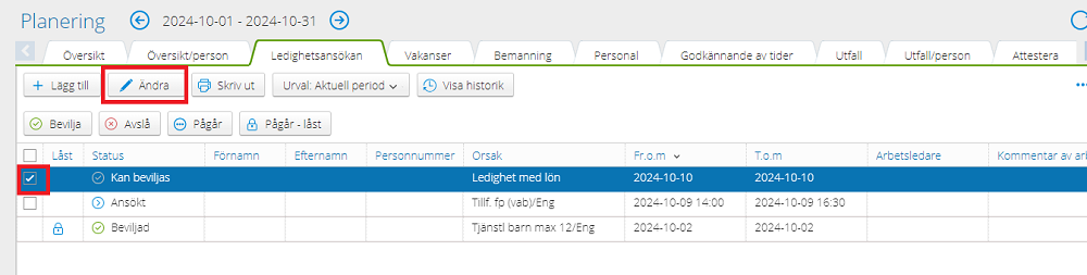 Steg 6, visar lägga till kommentar på ansökan och "Ändra".