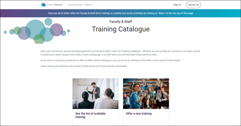 Screenshot of the Training Catalogue front page