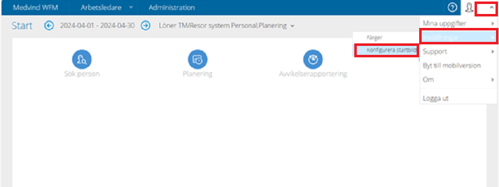 Step 1 shows start page of Medvind, arrow and click on configure start view.