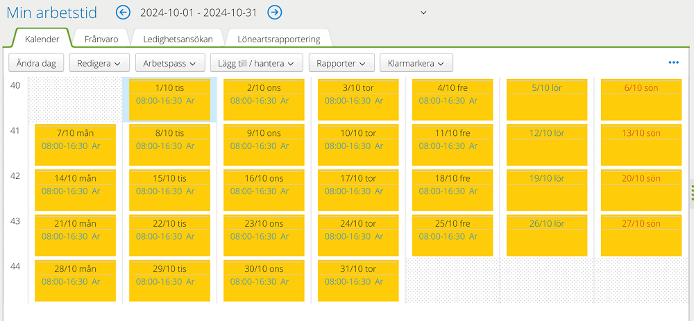 Step 5, when the month is confirmed, shows yellow schedule view.