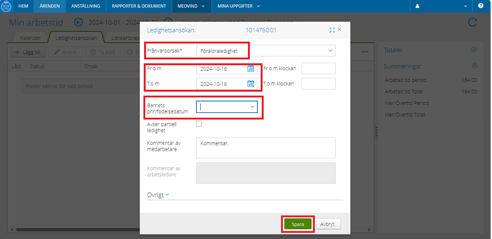 Shows filling in child's information, start and end date and save.