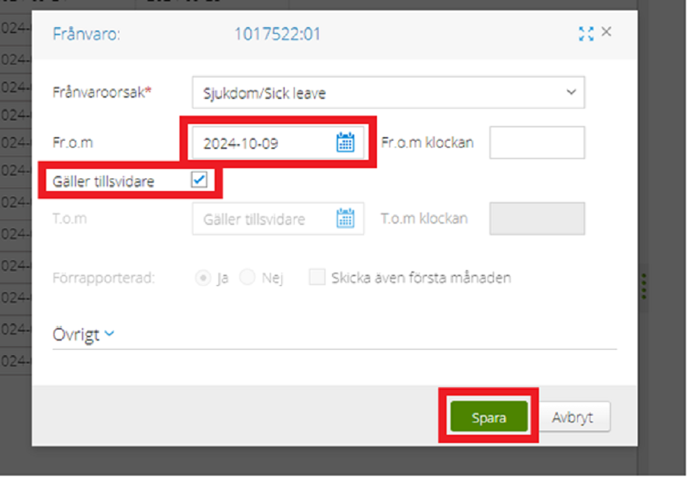 Select start date for absence and reason for absence, and click save.