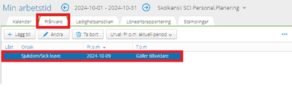 Double-click on the absence row or select it and click on "Edit" (Ändra).
