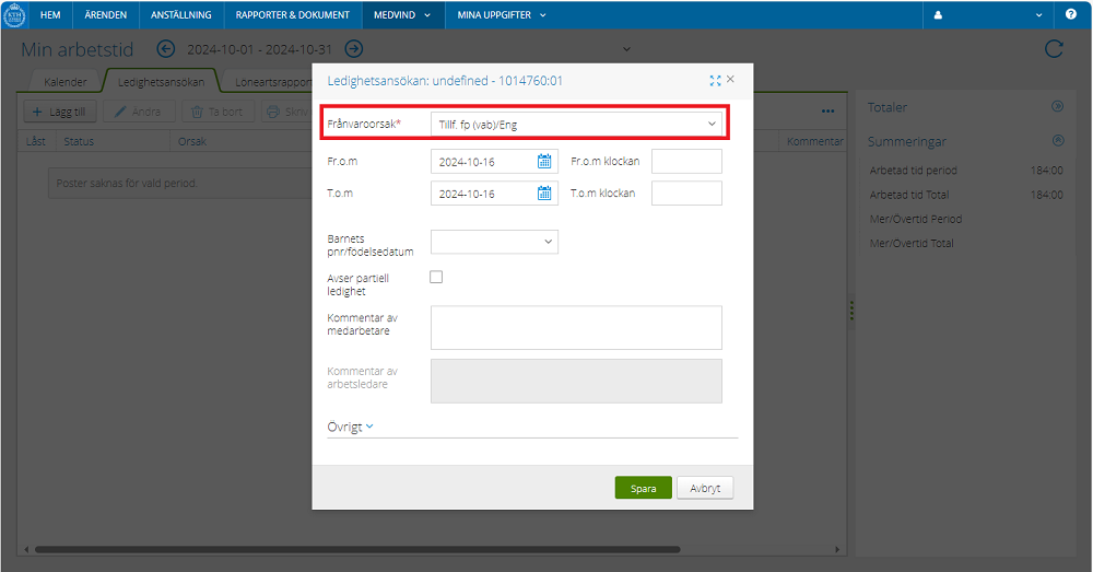 Shows temporary Parental Leave (vab)/Eng" in dropdown list