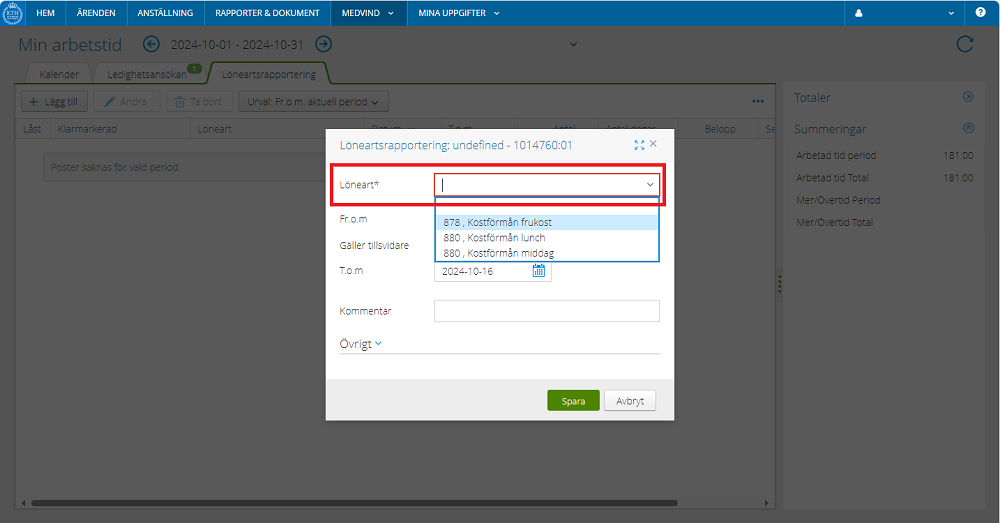 Shows a drop down list with types of meal benefits.