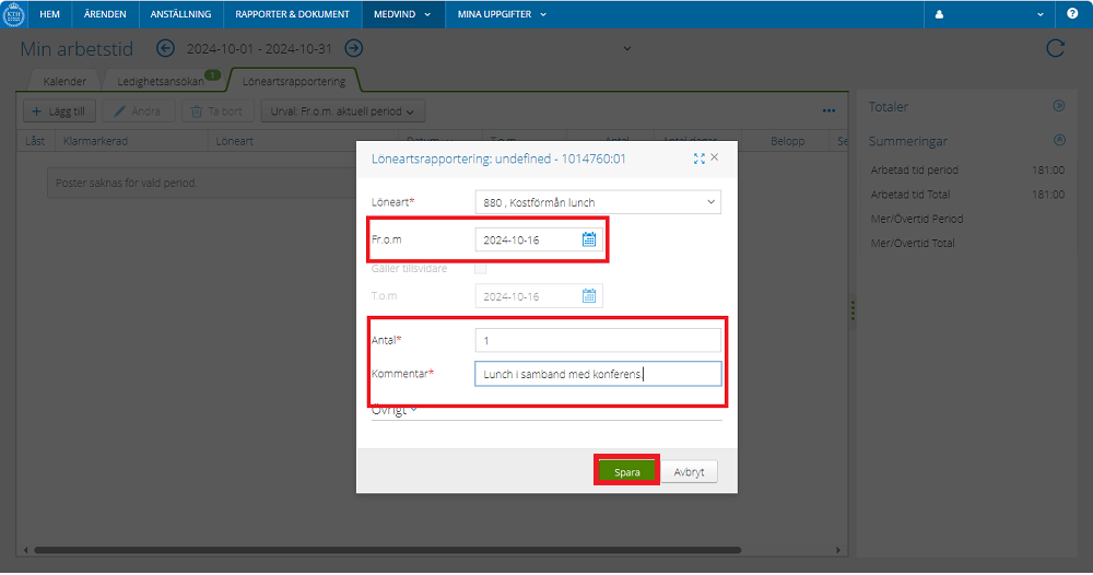 Shows quantity, comment and context for meal benefit and save.