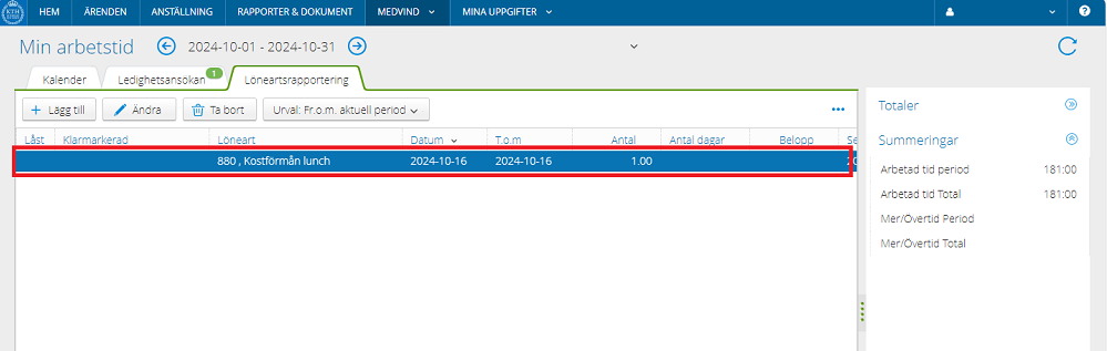 Shows Payroll Reporting tab and the type of meal benefit registered.