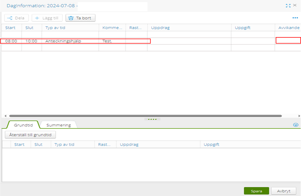 Start and end time working hours, comment field.