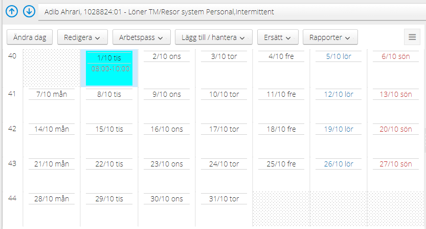 Shows view over registered worked hours.