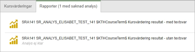 Rapportfliken inne i "Course Evaluation" visar två olika rapporter, en med fritextsvar och en utan.