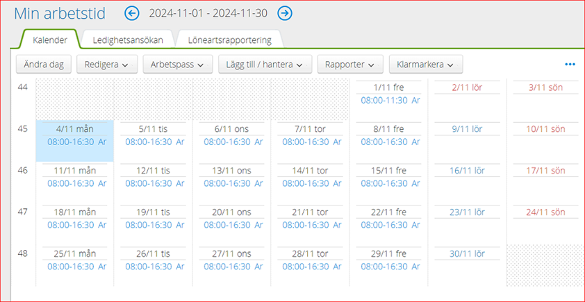 Visar din arbetstid i kalender-vy.