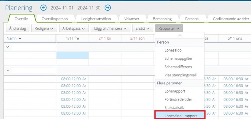 Visar klicka på rapporter och lönesaldo rapport.