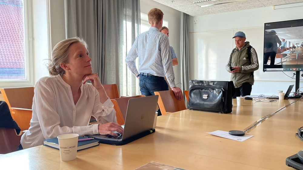 Woman at a conference table with two men in the background.