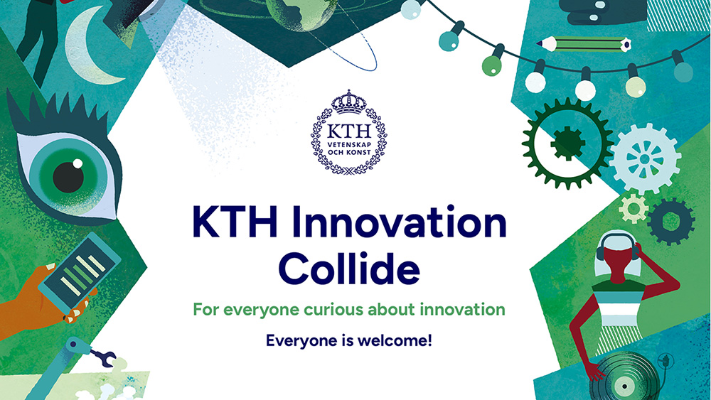 Illustrationer av ex. ett öga, en hand som håller en mobil runt texten KTH Innovation Collide