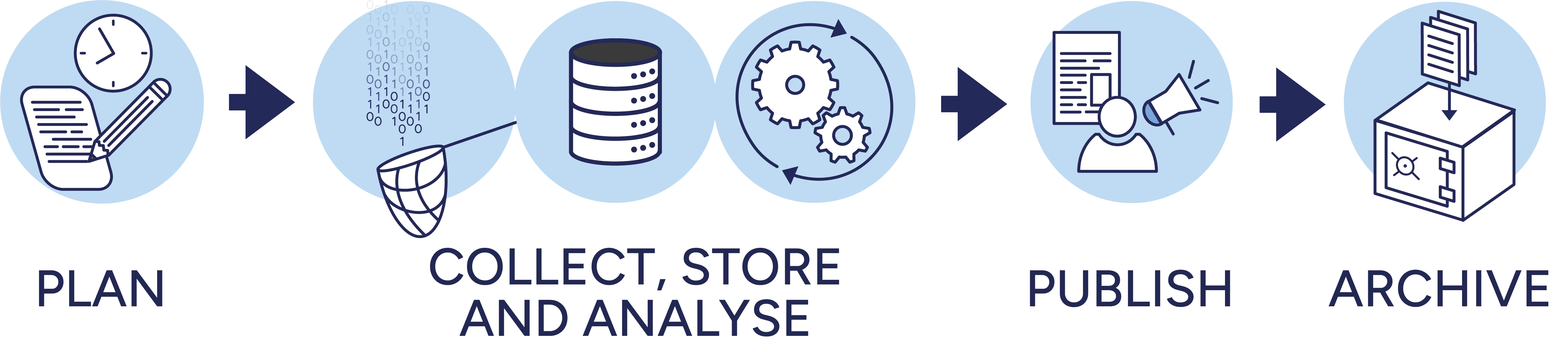 Graphic illustration of the data life cycle; plan, collect, store and analyse, publish, archive