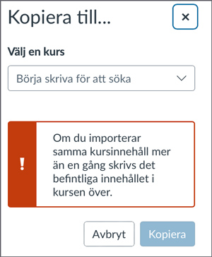 Rutan för "Kopiera till..." med ett sökfält, varning och knappar för avbryt och kopiera.