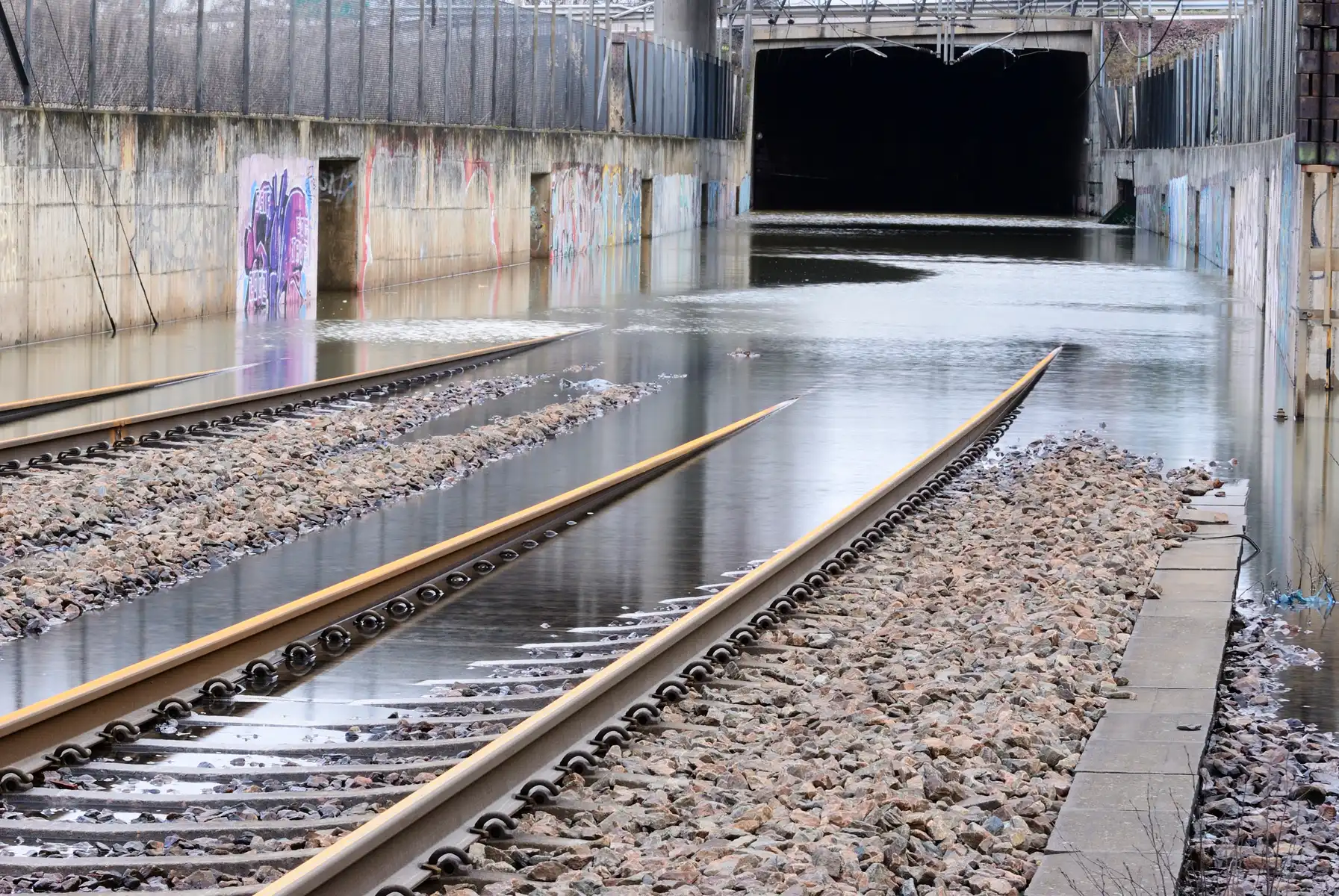 Flooded railway tracks
