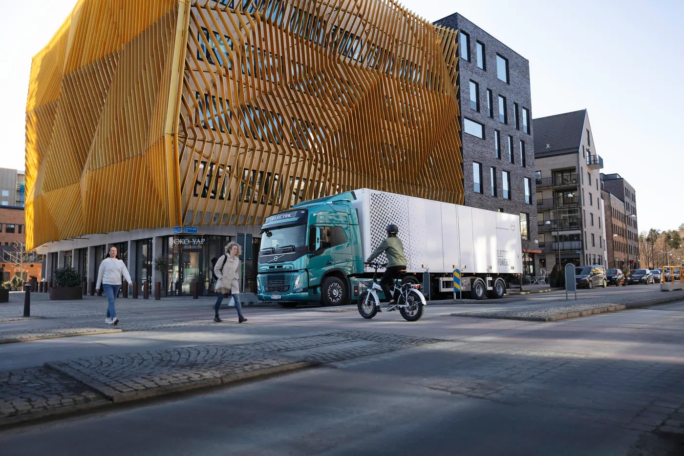 A Volvo truck on a city street