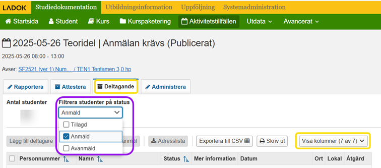 Aktivitetstillfälle, filtrera status student